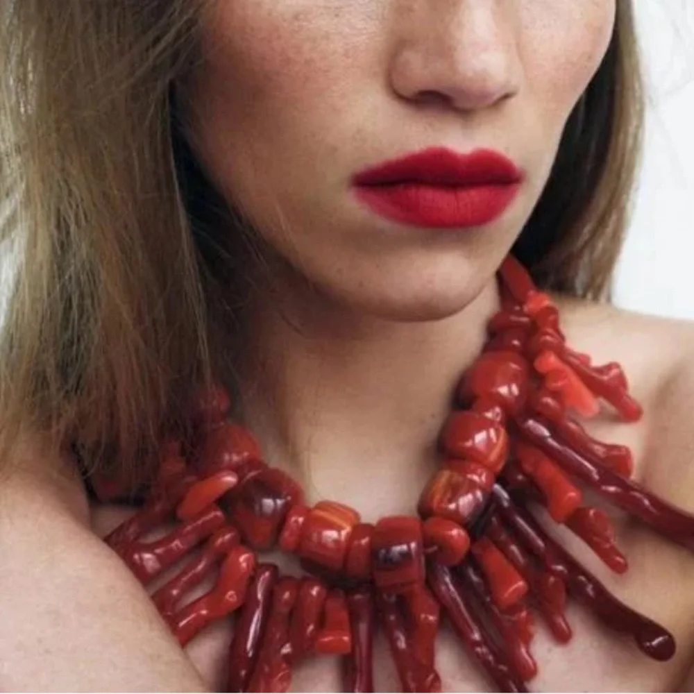 NWOT Zara Red Coral Statement Necklace Stack Set (3013)_2
